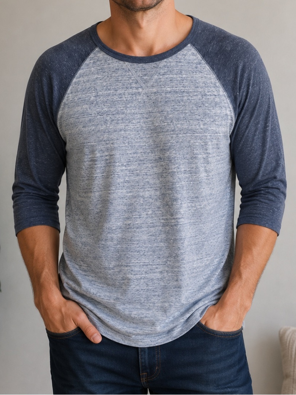 Express Men's Heathered Light Gray Body with Navy Raglan Long Sleeve Tee